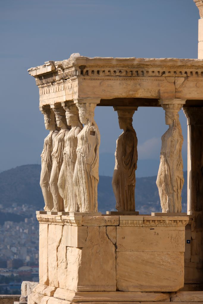 View of the Erechtheion with Caryatids, on the Acropolis of Athens, Greece.